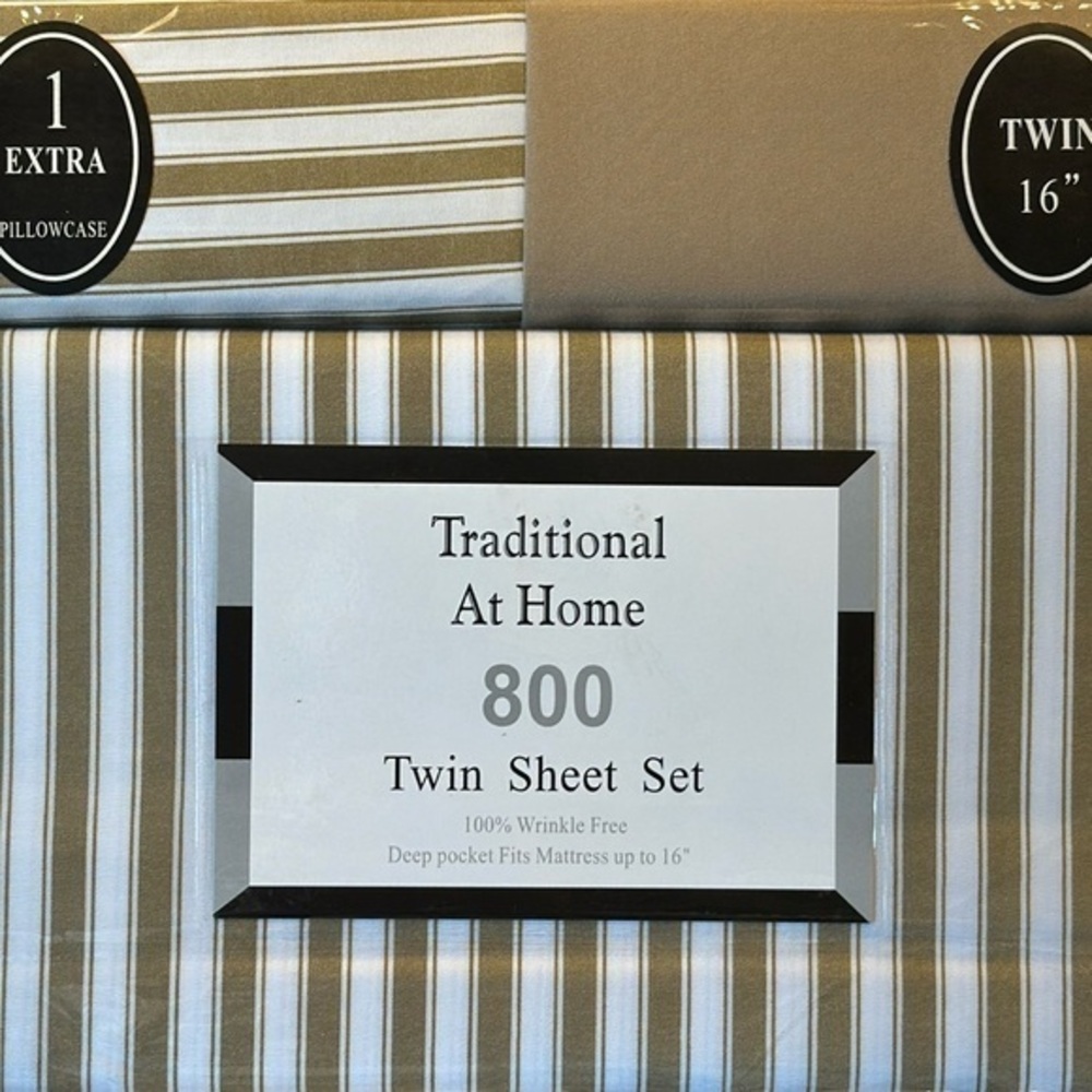 Traditional At Home 4 pc Twin Sheet Set Taupe and white stripes.